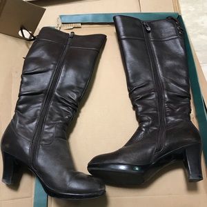 Dark brown leather heeled boots